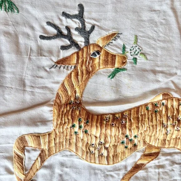 Hand Embroidered Deer & Crochet Silk Bedcover Bedspread 58 x 81